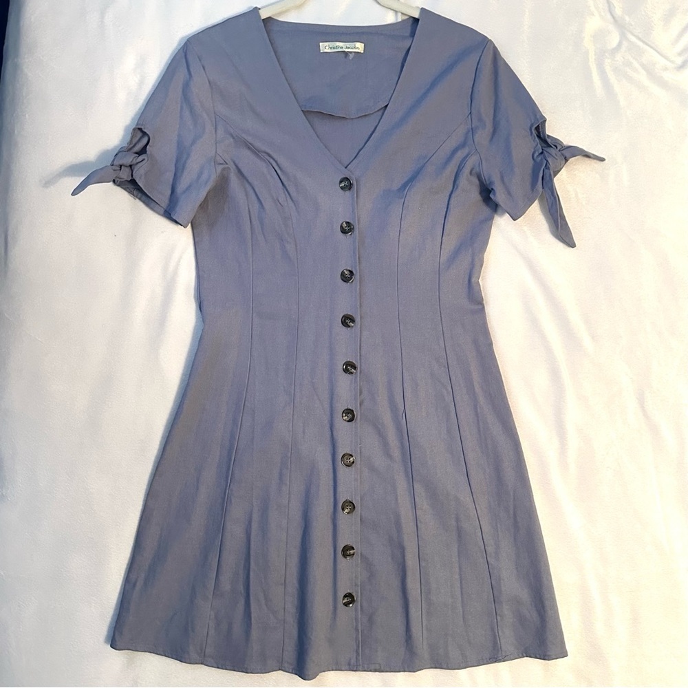 Christina Jacobs Periwinkle V-Neck Button Up Cotton Linen Tie Slv Skater Dress S